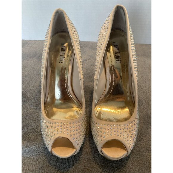 Jennifer Lopez Nude Bedazzled Rhinestone Heels Tan Size 6M Stilettos open toe - Picture 4 of 15